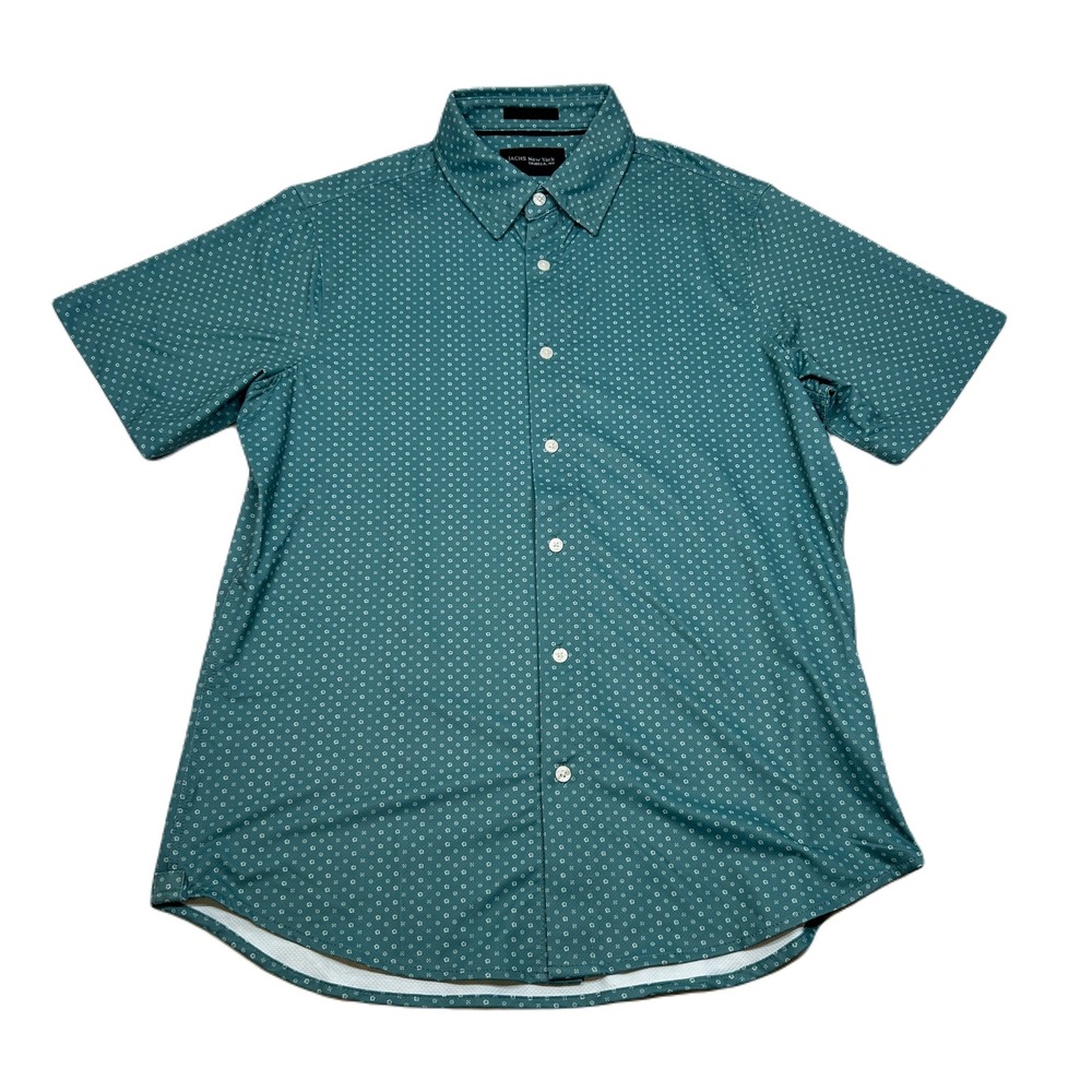 Jachs New York Button‎ Down Shirt Mens Medium Green Geometric Print Short Sleeve